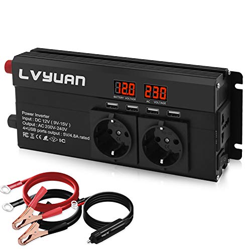 LVYUAN Transformador de corriente (12 V, 230 V, 800 W, 1600 W, con 3 enchufes e indicador de voltaje USB)