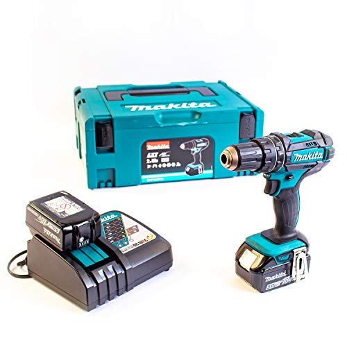 Makita DHP482RTJ - Taladradora atornilladora de percusión + 2 baterías 18 V 5 Ah de litio + caja de herramientas - Color azul