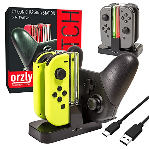 Orzly Switch Pro Controller Dock, Multi Estación de Carga [Luces LED Individuales y Cable USB TypeC] - para Cargar hasta Cuatro Joy-Cons de la Nintendo Switch (o 1 Pro Controller y 2 Joy-Cons)