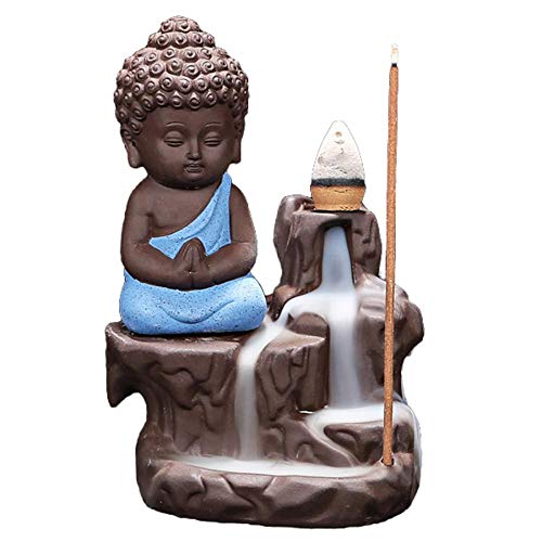 Quemador de incienso de reflujo de reflujo de cerámica, quemador de incienso de reflujo con 10 piezas de incienso de reflujo, soporte de incienso de Buda (azul)