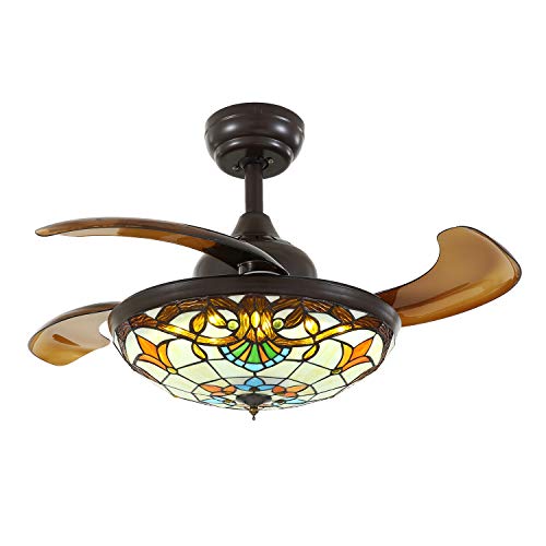SILJOY Ventilador de techo Tiffany con luces y alas extensibles, color marrón oscuro, ventilador invisible, lámpara de araña regulable, iluminación LED regulable sin niveles, 36 pulgadas