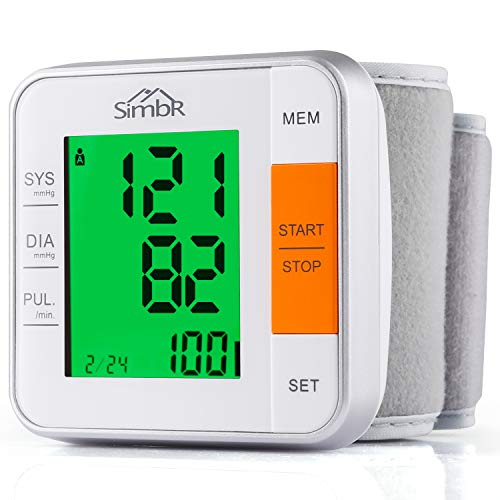 SIMBR Tensiómetro de muñeca Monitor de presión arterial Alta precisión y fiabilidad Gran pantalla LCD con Memoria (2 * 120) para 2 Usuarios