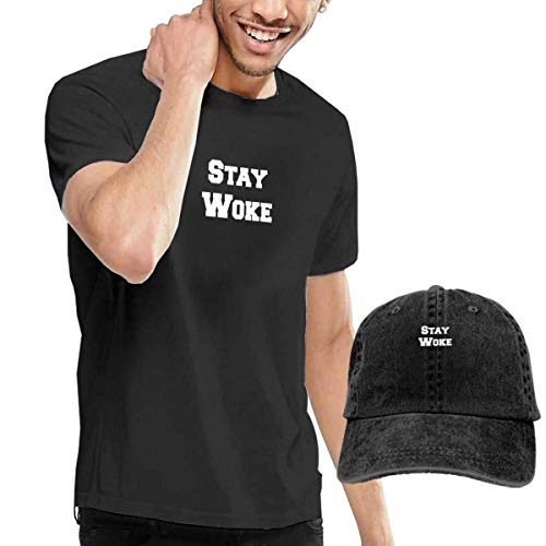 SOTTK Camisetas y Tops Hombre Polos y Camisas, Stay Woke Men's Short Sleeve T Shirt & Washed Adjustable Baseball Cap Hat