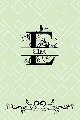 Split Letter Personalized Name Journal - Ellen: Elegant Flourish Capital Letter on Pale Green Geometric Design Background