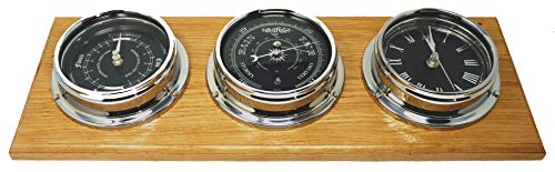 Tabic Prestige - Reloj de Marea (Cromo, barómetro Tradicional y Reloj Romano, Esfera Negra Azabache montado en un Soporte de Roble inglés Macizo