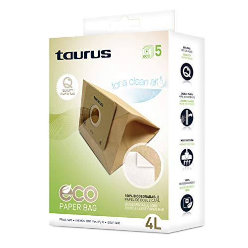 Taurus 999177000 Paquete de 5 bolsas de papel ECO para aspiradores trineo de 4 litros de capacidad, Paper