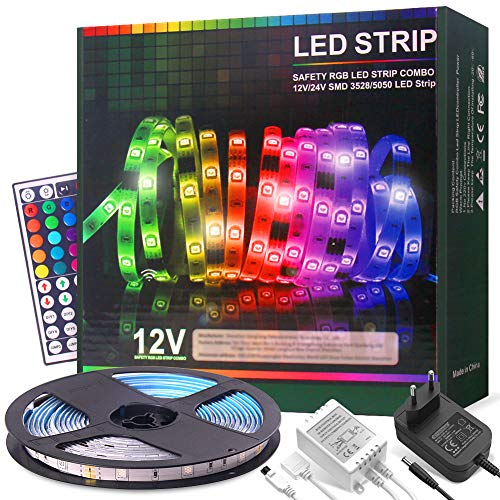 Tira LED RGB 5 Metros, 12V con 150 LEDS, 20 Colores Multi-Modos, Control Remoto de 44 Claves,Impermeable IP65,autoadhesiva,para Iluminación, interior,Fiestas[Clase de eficiencia energética A+++]