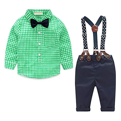 Traje de comunion niño Camisa a Cuadros Verde + pantalón + Pajarita + Tirantes 4 Piezas Conjunto Invierno Bebe niño