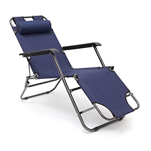 Tumbona plegable Relaxdays, 35 x 60,5 x 153 cm tumbona de jardín de 3 posiciones con funda de poliéster y reposabrazos, tumbona plegable con reposacabezas extraíble como silla de camping, color azul oscuro