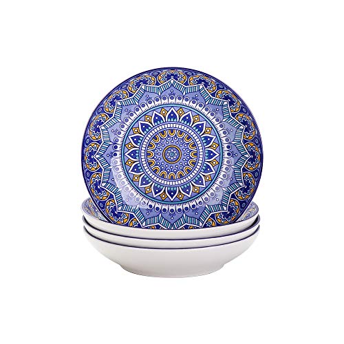 vancasso Serie Mandala Juego de 4 Platos para Sopa/Ramen Ensalada, Platos Hondos 700ML Pintado a Mano Azul Porcelana