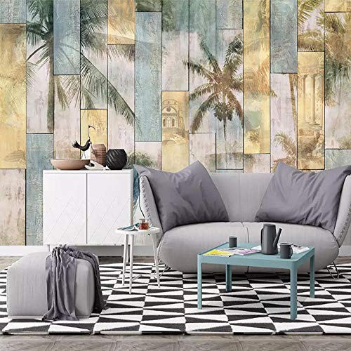 Vintage tablón de madera tropical cocotero palmera sala de estar TV fondo papel tapiz sofá papel tapiz transparente muralpaste efecto de borde debajo del dormitorio400cm×280cm
