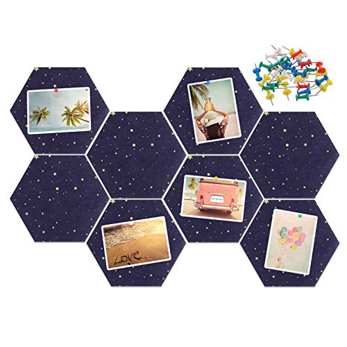 Xinzistar 8 x tablones de corcho con chinchetas, hexagonal, pizarra de corcho autoadhesiva, paneles de pared, para colgar fotos, casa, oficina, color azul