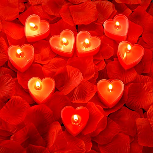 9 Paquetes Velas en Formas de Corazón Vela de Amor Romántico Velas Candelita con 200 Piezas Pétalos de Rosa de Seda Pétalos Dispersos de Niña para Decoración Boda Pastel San Valentín Cena