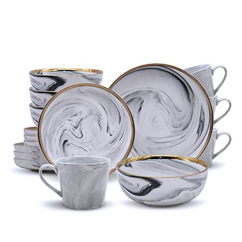 ABHOME Juego de vajilla chapada en oro con diseño de mármol para 4 vajillas y vajillas de porcelana de 16 piezas: platos de cena, platos de postre, cuencos de cerámica, tazas de cocina para el hogar