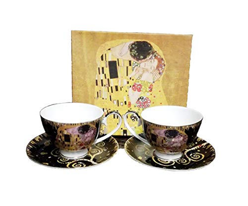 Atelier Harmony Gustav Klimt Limited Collection - Juego de tazas de té y café (4 piezas, porcelana, con caja de regalo), diseño de árbol de la vida, color negro y dorado