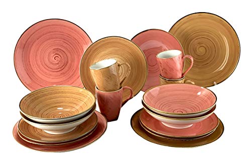 Blanca’s Feel Vajilla Completa Combinada Porcelana color Rosa/Marrón Canela de (16 piezas) para 4 personas, Platos Llano, Platos de Postre, Bowls Platos Hondo, Mug taza.