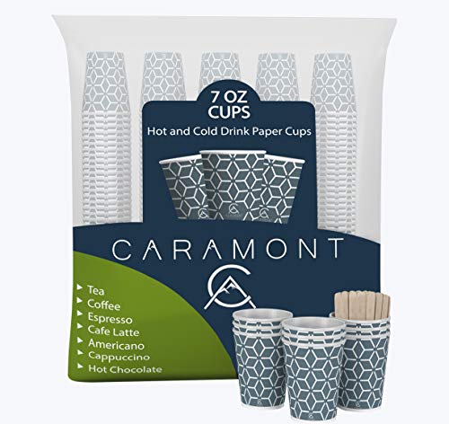 Caramont,400 Vasos de Cartón ,7 onzas con Agitadores de Madera,Ecológicos y Desechables,Resistentes al Calor,Ideales para Café,Té,Cumpleaños,etc.