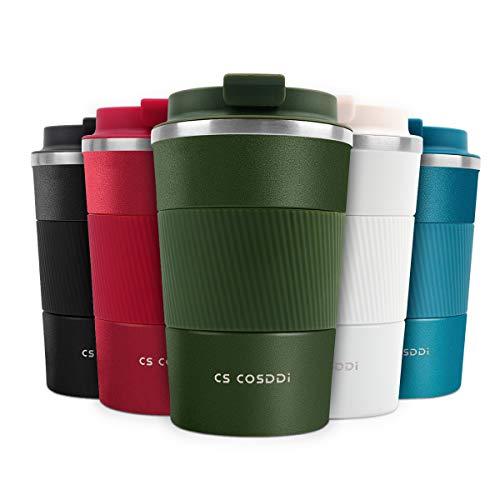 CS COSDDI Tazas de viaje aisladas con tapa a prueba de fugas, tazas de café reutilizables, taza de café para coche, taza térmica de acero inoxidable para agua caliente y fría y té de 380 ml (verde-A)