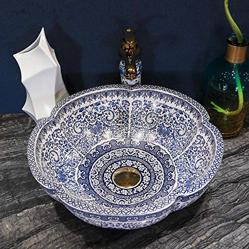 directamente arte pintado a mano vasija de cerámica lavabo baño lavabo azul y blanco forma de flor