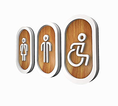 DOJA Barcelona | Cartel para Baño | Hombre + Mujer + Discapacitado | Color Madera | 100mm x180mm | Simbolo Adhesivo WC para Puerta | Placa Pegatina para Aseo, Aseos Cartel, Señal de Lavabo