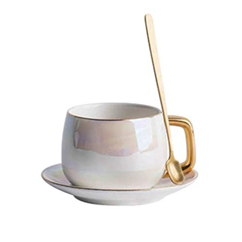FEJK Aurora Pearl Glaze Tarde de cerámica Tazas y platillos de té Negro con Cuchara Taza de café con Bandeja Juego de vajilla de Porcelana 300 ml