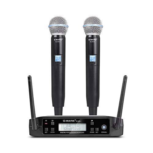 G-MARK GLXD4 Micrófono inalámbrico dinámico karaoke 2 Canales Frecuencia ajustable 80 m distancia de recepción inalámbrica para fiesta casa DJ iglesia