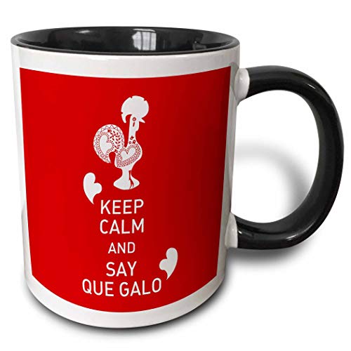 Gallo portugués con título Keep Calm And Say Que Galo significa maldita taza de dos tonos, 11 oz, negro