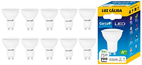 Garza ® – Bombilla LED de bajo consumo estandar GU10 de 700LM y 8W de potencia equivalente a 75W y temperatura amarillo cálido 3.000K 15.000H duración - Pack 10 bombillas A+