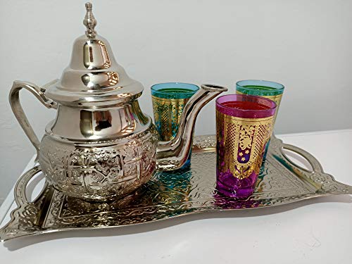 Generico Juego de te arabe marroqui Compuesto de Tetera Grande de 500ml Color Plata repujada,Bandeja Rectangular 34x17cm y 3 Vasos