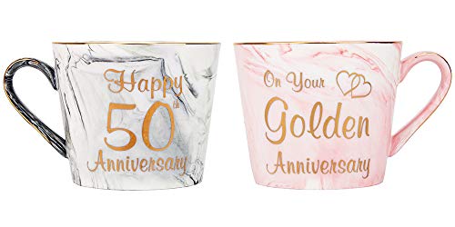 Happy Homewares Hermosas Tazas de cerámica de mármol Gris y Rosa del 50 Aniversario con Borde Dorado