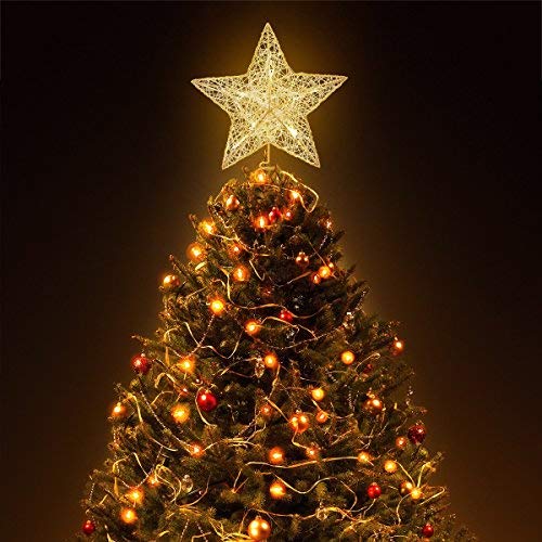 Hemoton Estrella de Cinco Puntas Árbol de Navidad LED Decoraciones,Star Treetop Light Decoración de Navidad Pentagram (Gold)