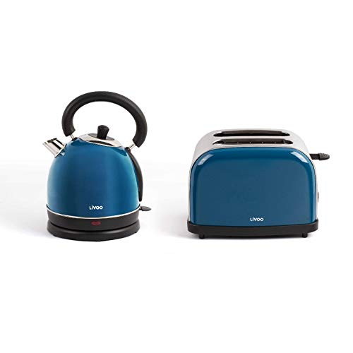 Hervidor de agua inalámbrico y tostadora azul, set de desayuno de acero inoxidable (apagado automático, elemento calefactor oculto, 1,8 litros, 2 rebanadas)