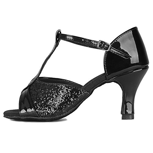 HIPPOSEUS Zapatos de Baile Latino con Correa en T para Mujer Zapatos de práctica de Baile de Salsa con Lentejuelas,Negro,38 EU