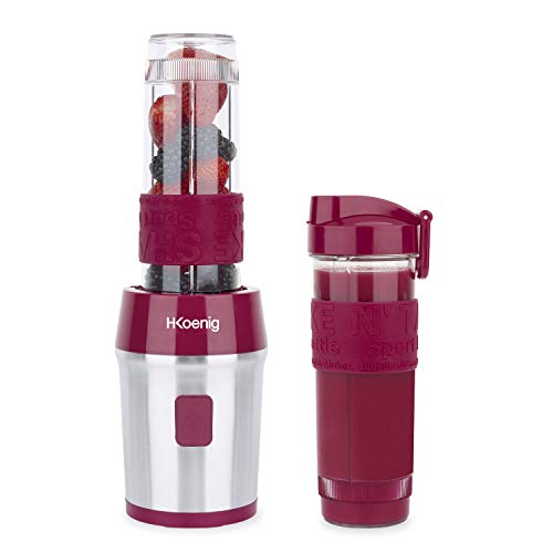 H.Koenig SMOO10 Batidora de Vaso Portátil, Smoothie Maker, Batidora Americana para Zumos, Batidos, Smoothies, Capacidad de 570 mL, 300 W, Incluye 2 Botellas Deportivas Portátiles, Acero Inoxidable