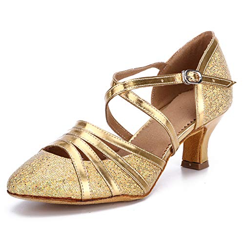 HROYL Zapatos de Baile para Mujer Brillo de Cuero Latino/Chacha/Samba/Moderno/Zapatos de Baile de Jazz Gold 39 EU