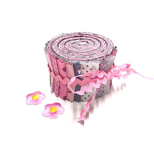 Jelly Rosies Summer - El rollo de Jelly Roll incluye 20 tiras de 6,5 cm de ancho y 135 cm de largo, 100% algodón, 1 m de trenza dentada y 2 aplicaciones de planchado con flores.