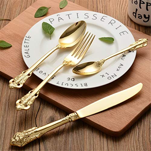 JIEHUSHI Vintage chapado en oro Occidental Cubiertos de mesa cuchillos de mesa tenedores cucharilla de té Juego de mesa de oro Juego de 4 piezas Gold
