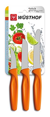 Juego de cuchillos WÜSTHOF, 3 piezas, cuchillo para pelar, cuchillo puntilla, cuchillo para embutidos, mango naranja (9333o), cuchillo multiusos, apto para lavavajillas