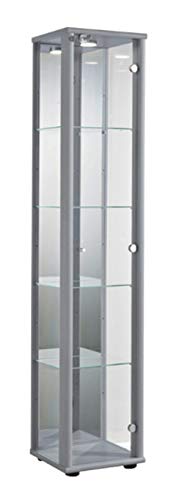 K-Möbel Vitrina de Cristal en Plata (176x37x33 cm) con 4 estantes de Cristal de Seguridad Templado de Altura Ajustable, LED, Cerradura y Espejo; Iluminado coleccionistas