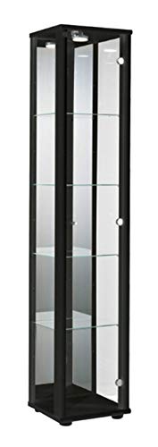 K-Möbel Vitrina de Vidrio en Negro (176x37x33 cm) con 4 estantes de Vidrio de Altura Ajustable de Vidrio de Seguridad Templado, LED, Cerradura y Espejo; Iluminado coleccionistas