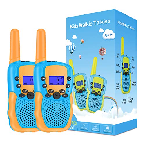 Kearui Walkie Talkie Niños, 2 Pack Walkie Talkie para Niños 8 Canales LCD Pantalla VOX Larga Distancia 3KM, Linterna Incorporado Juguete Regalos para Niños de 3-12 años… (Naranja)