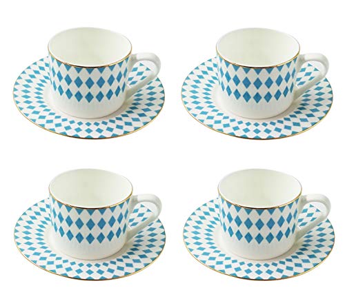 LA VITA VIVA Juego de 4 tazas de café con platillos, color blanco y azul con borde dorado