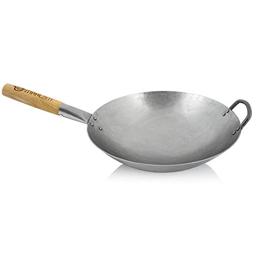 Mahlzeit Wok tradicional | Ø 35 cm | wok de acero con base redonda | Sartén wok de acero al carbono con mango de madera | Wok para cocina de gas, eléctrica, parrilla (acero al carbono, crudo)