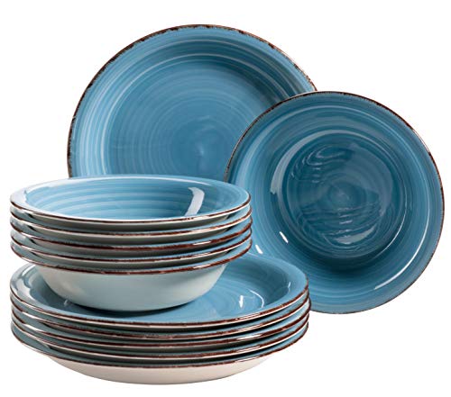 MÄSER 931602 Bel Tempo II - Juego de platos (6 personas, 12 piezas, pintado a mano, gres, color azul oscuro y azul)