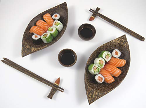 Merca - Juego de sushi compuesto por 2 platos en forma de barca, 2 salceras, 2 portabaquetas y 2 pares de palillos de madera de cocotero