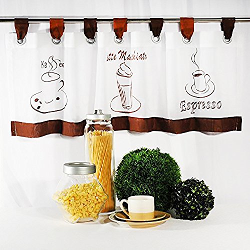 'moderna café – Cortina "Coffee – Time con trabillas, kurzstore, voile blanco con tres motivos de café típicos bordado – (aprox h/b 40 x 120 cm) – Nueva – También una bonita regalo Idea – Bistro – Visillo para cortina (