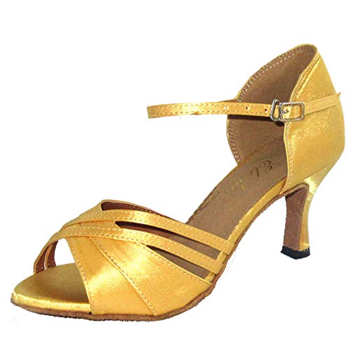 Mujer Zapatos de danza latina de 7,6 cm con tacón acampanado Salsa Salsa Baile de dedo abierto Zapato de baile Sociales Fiesta Baile Sandalias Más colores, dorado (Dorado), 39 EU