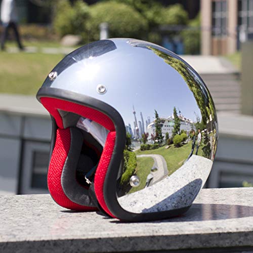 MYSdd - Casco de moto vintage plateado cromado espejo pintura cascos capacete Jet Scooter abierto retro casco plateado con rojo 57 XXL
