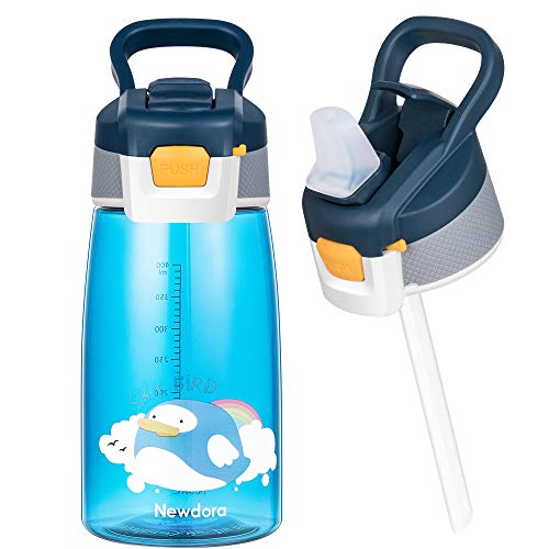 Newdora Botella de Agua para Niños, 480ml Botella a prueba de Fugas, Botella Agua con Pajitas, Dibujos de Pájaros Voladores, Azul