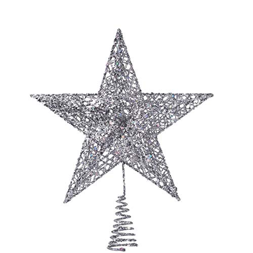 NICEXMAS - Estrella plateada de 5 puntas para colocar en la copa del árbol de Navidad, adorno brillante y elegante, 20 cm